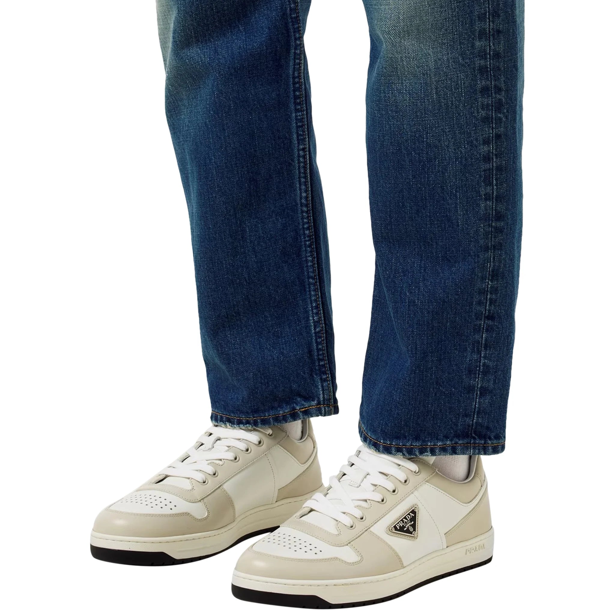 Image of Prada Downtown Leather Low Top White Grey Sneaker